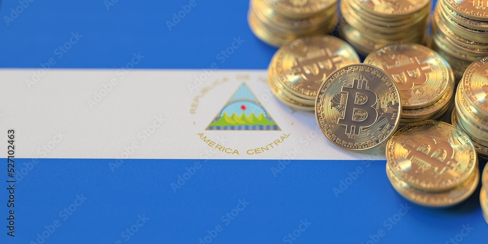 Pile of bitcoins and flag of Nicaragua. National cryptocurrency regulations conceptual 3d rendering