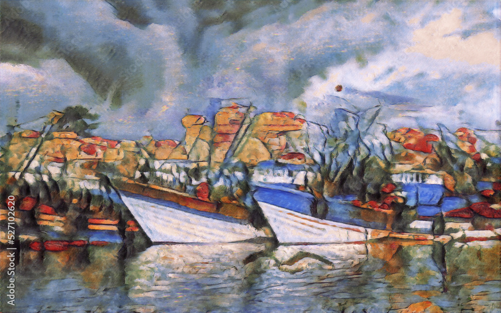 Storm clouds over north african fishing harbour, traditional old moroccan boats, port fortress - Essaouira, Morocco - Oil painting Aquarelle