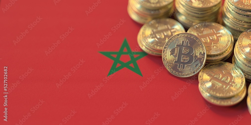 Flag of Morocco and many bitcoins. National cryptocurrency regulations concept, 3d rendering