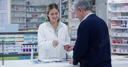 Happy pharmacist with tablet help senior man, customer service in pharmacy and digital innovation. Medical technology, pharmacy script, medicine pharmaceutical drugs and pills store prescription. photo