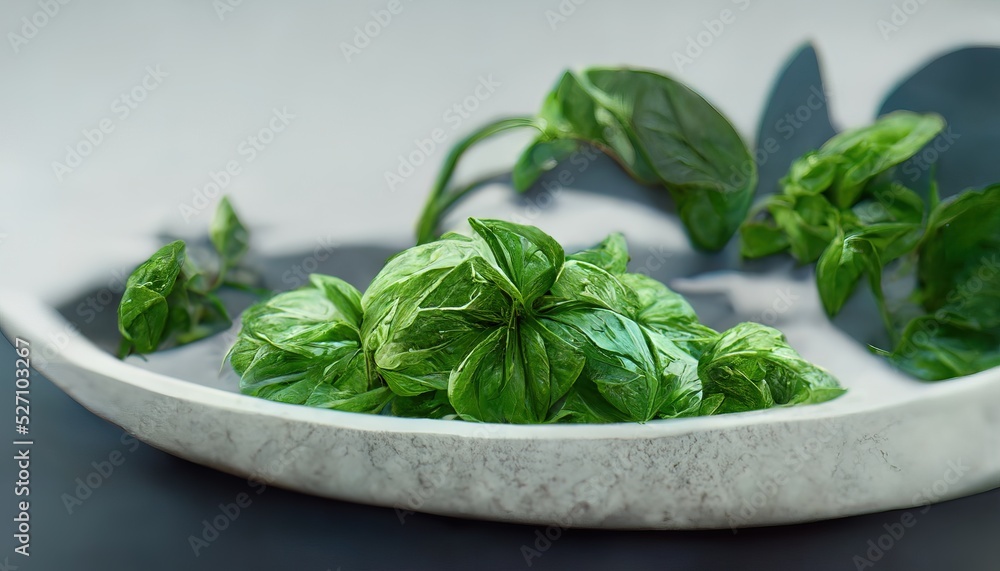 3D illustration of a Fresh basil leaves with green color on the white plate 3D illustration of a Fresh basil leaves with green color on the white plate
