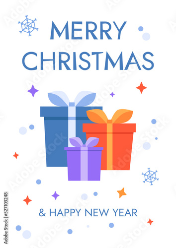 Christmas greeting card with gift boxes and lettering. Vector illustration