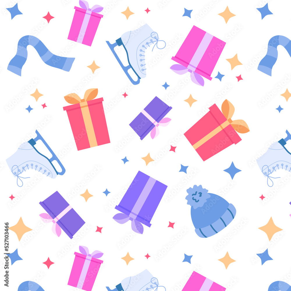 Seamless pattern with gift boxes, hats, scarfs and ice skaters. Christmas wrapping, packing. Vector illustration