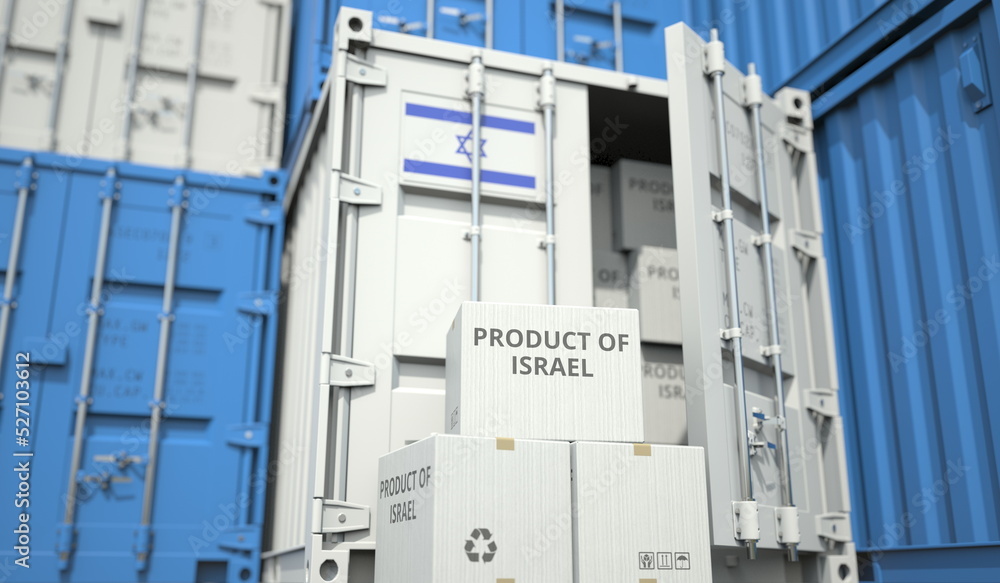 Cartons with goods from Israel and shipping containers in the port terminal or warehouse. National production related conceptual 3D rendering