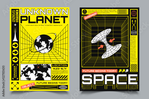 Two posters with HUD elements, perspective grid, futuristic design elements, chart, black hole and model of planet