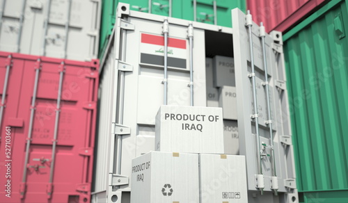 Boxes with goods from Iraq and cargo containers. National economy related conceptual 3D rendering