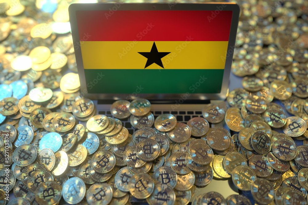 Laptop with flag of Ghana and pile of bitcoins. Cryptocurrency mining and national regulations concepts, 3d rendering