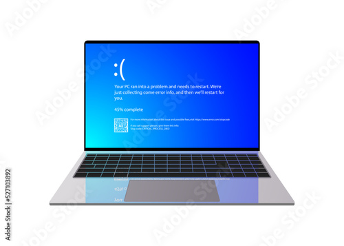 Modern blue screen of death (BSOD) error on laptop Installation new software and hardware problem, virus, emulation, virtual machine, video, register. System Crash Report Background. Illustration photo