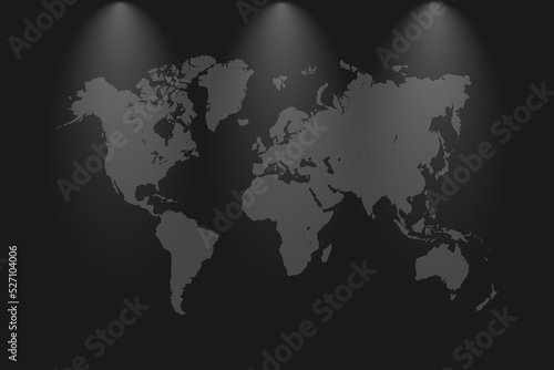 World map vector, isolated on black background. Flat Earth, gray map template for web site pattern, anual report, inphographics. Globe similar worldmap icon. Travel worldwide, map silhouette backdrop