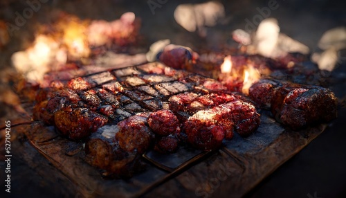 Fotografia 3D illustration of a Barbecued meat on the wooden plate with a brown color