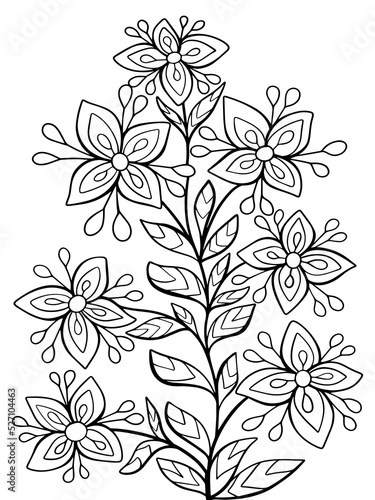 graphic sprig of flowers plant coloring page antistress vector isolated on white background contour illustration for children and adults