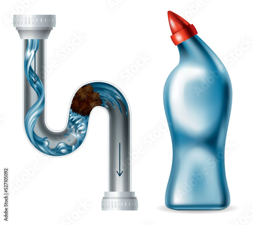 Clogged pipe drain and cleanser bottle. Blank container with sanitary chemical liquid. Canalization tube with water splash. Plumbing clog repair