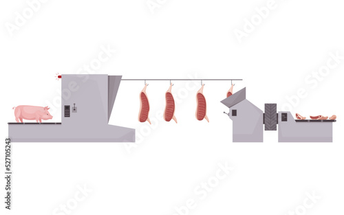 Meat factory processing plant. Flat composition with factory kitchen equipment. Food industry concept elements. Industrial equipment to produce food for sale