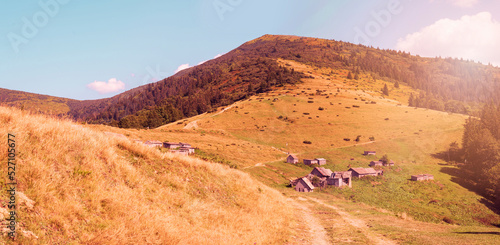 View of a beautiful valley with a cowshed in the Ukrainian Carpathians