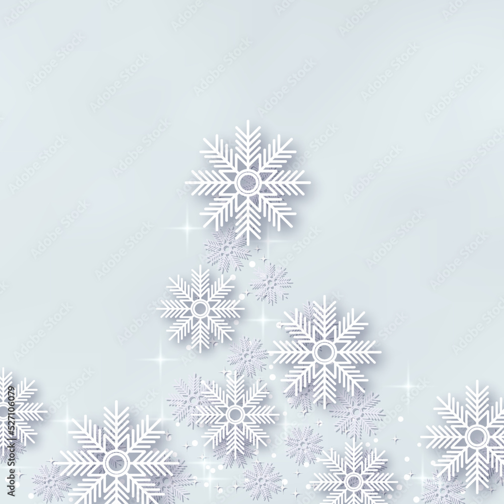 Christmas and New Year vector illustration. Light blue background with elegant cartoon snowflakes and stars