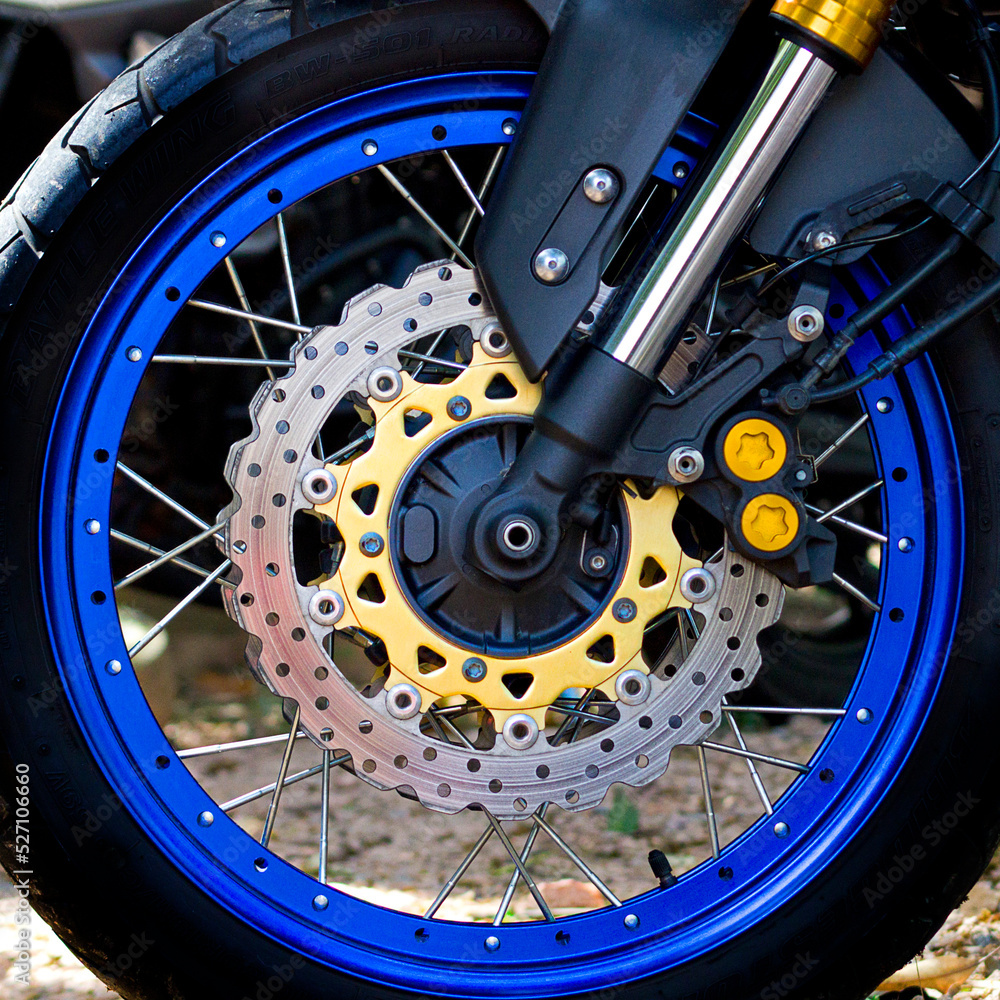 motorcycle metallic blue rim and brake system details