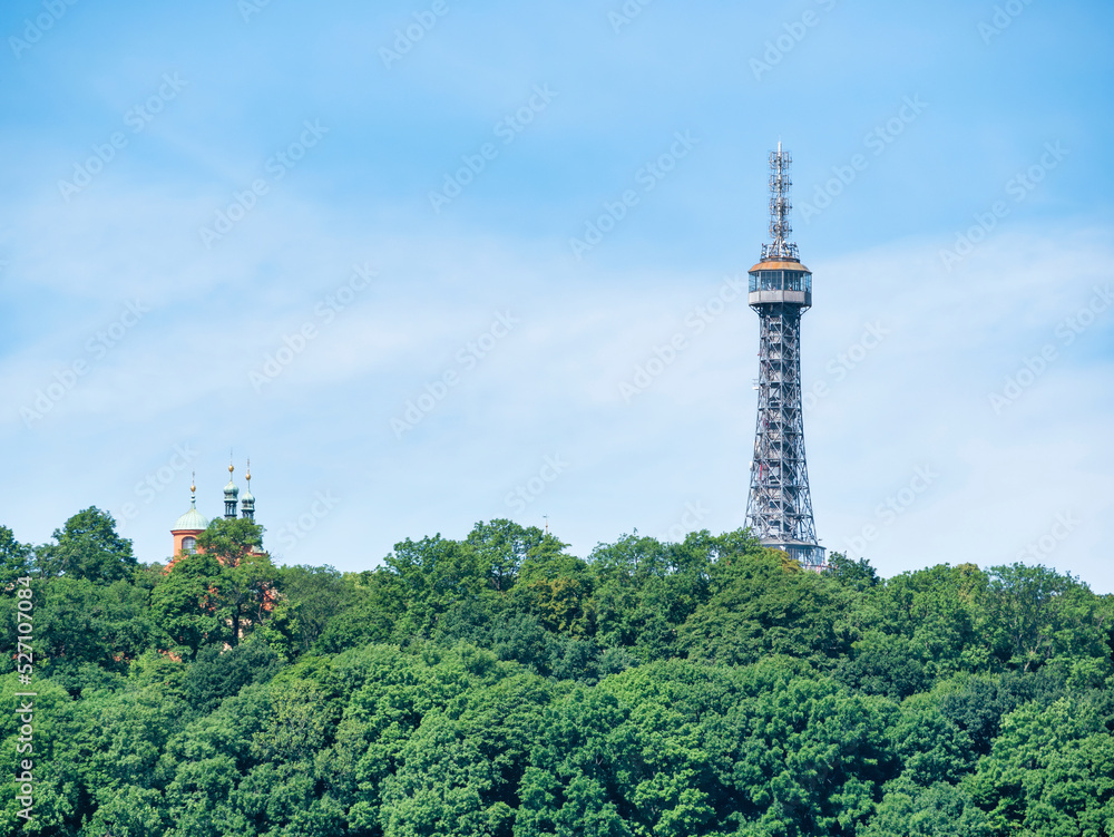 Obraz premium Prague, Czech Republic - June 2022: View with Petrin Tower, a major tourist attraction in Prague