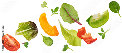 Falling vegetables, salad of bell pepper, tomato and lettuce leaves