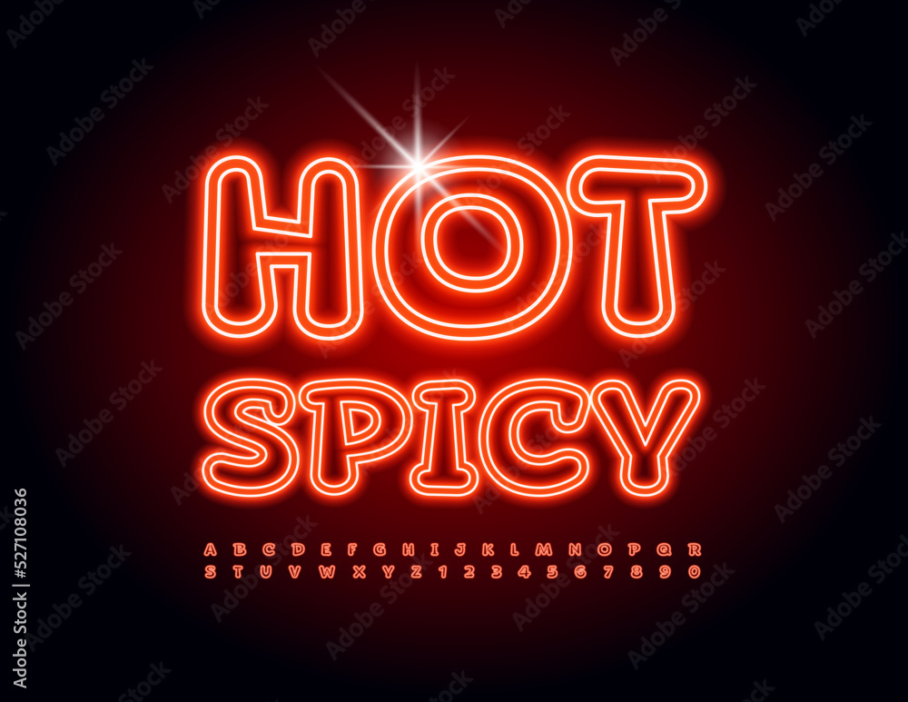 Vector neon banner Hot Spicy. Red glowing Font. Bright electric Alphabet Letters and Numbers set Vector neon banner Hot Spicy. Red glowing Font. Bright electric Alphabet Letters and Numbers set