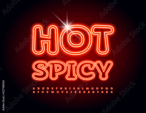Vector neon banner Hot Spicy. Red glowing Font. Bright electric Alphabet Letters and Numbers set