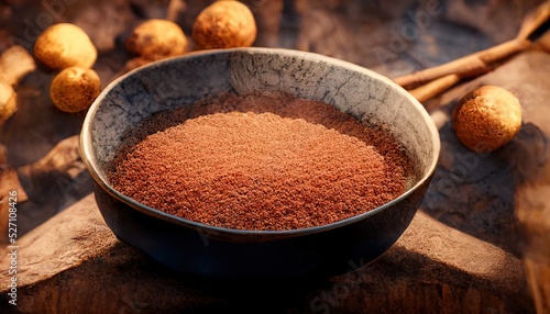 Fotografia 3D illustration of a Cinnamon on the bowl with brown color for the cooking