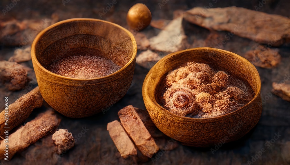 3D illustration of a Cinnamon on the bowl with brown color for the cooking