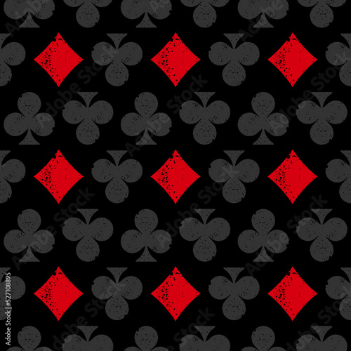 Grunge Seamless pattern with diamonds and clubs card suits. Scratched Casino gambling, poker background. Alice in wonderland ornament. Fantasy wallpaper.