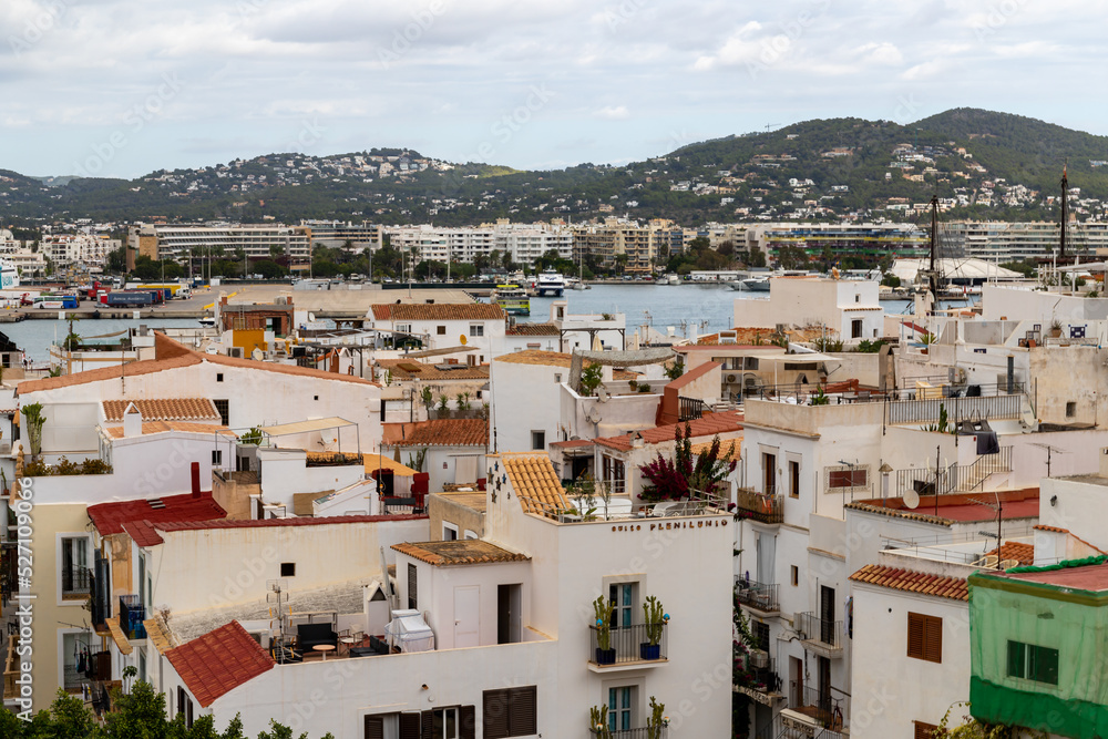 Ibiza, Spain - October 14, 2021, yachts and boats in the port of San Antonio de Portmany, Balearic Islands, Ibiza, Spain.