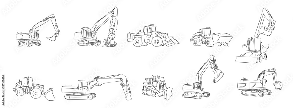 10 Bagger Zeichnungen | excavator drawnings Vector graphics Stock