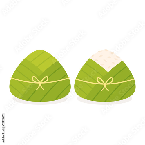 Delicious zongzi on white background. Duanwu Festival, date and wine's name written in Chinese calligraphy. Delicious zongzi icon.