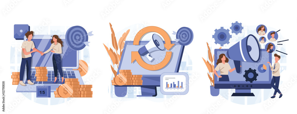 Internet promotion strategy abstract concept vector illustration set. Affiliate marketing, referral program, remarketing, online sales management, targeted advertising, loyalty abstract metaphor.
Internet promotion strategy abstract concept vector illustration set. Affiliate marketing, referral program, remarketing, online sales management, targeted advertising, loyalty abstract metaphor.