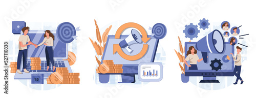 Internet promotion strategy abstract concept vector illustration set. Affiliate marketing, referral program, remarketing, online sales management, targeted advertising, loyalty abstract metaphor.
