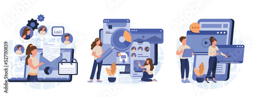 Campaign tracking and analysis abstract concept vector illustration set. Marketing campaign management, video content, email marketing, social media metrics, audience engagement abstract metaphor.