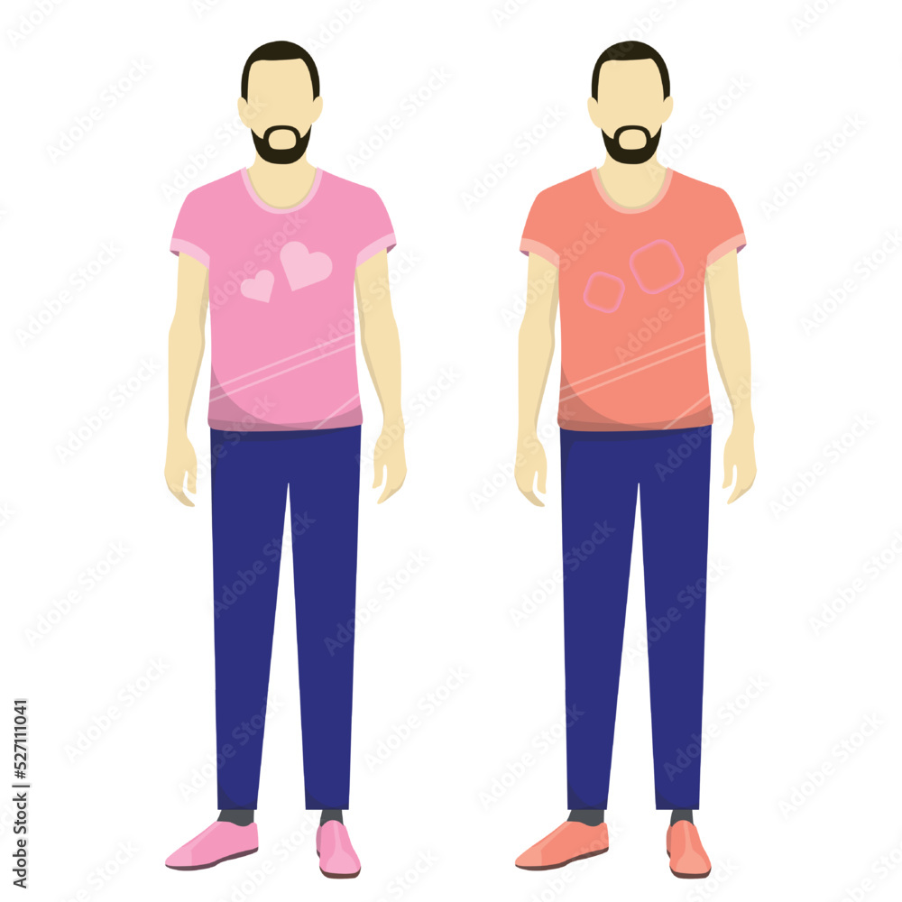 A bearded man in different T-shirts. Pink t-shirt with a heart. Orange t-shirt. Flat vector illustration isolated on white background.