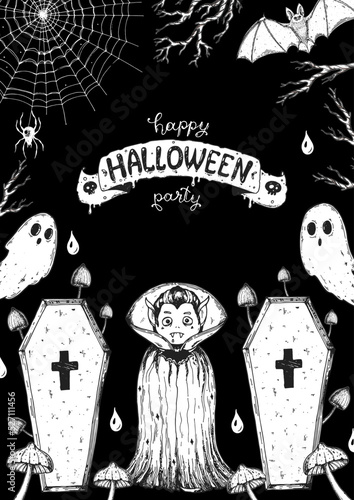 Halloween vampire sketch illustration. Happy Halloween poster. Vampire and his coffin. Hand drawn vector illustration.