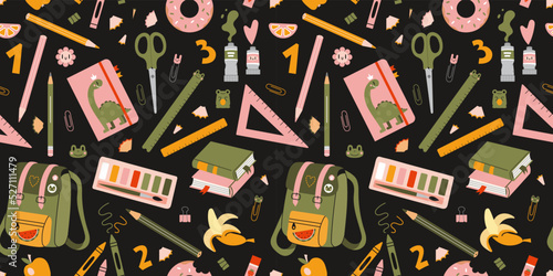 Seamless pattern with school stationery and art supplies on a black background, cartoon style. Back to school. Trendy modern vector illustration, hand drawn, flat