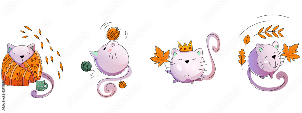 Vector autumn cats. Round cat-ball. The cat is wrapped in a blanket, drinking hot tea. Plays with a ball of thread. The cat is holding an autumn leaf.
