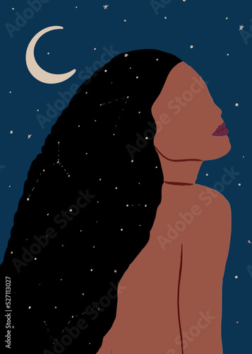Abstract Woman Portrait Vector. Black Woman with Star in Hair. Night background with Moon. Minimalist Aesthetic Afro Model