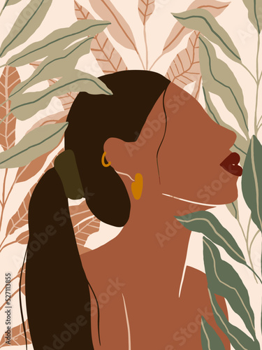 Fashion Poster with Face Woman Portrait, Exotic Tropical Leaf on pastel background. Abstract Woman illustration for poster, wall art, banner, placard, print, canvas in earth tone. Vector