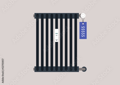 A radiator with a price tag indicating how expensive heating is, energy crisis in Europe