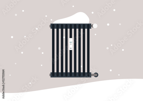 A heater covered with snow, european winter energy crisis, cold radiators at home