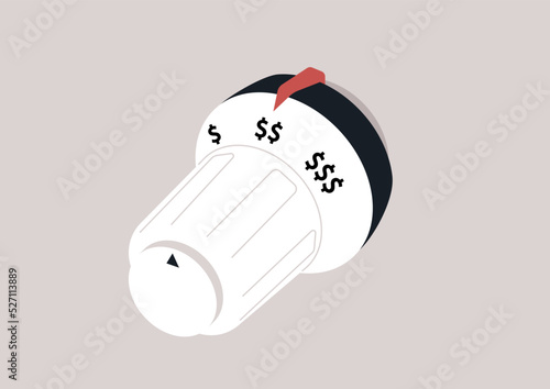 A thermostat handle with dollar signs instead of digits indicating how expensive utilities are, European energy crisis