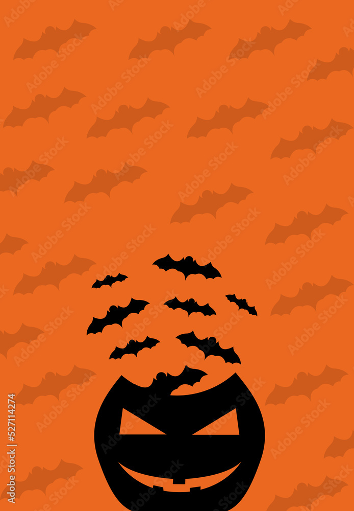 Illustration of pumpkin and bats with place for text, Halloween holiday concept.  Packaging design for goods, signboard, banners, articles