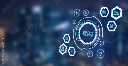 Wallpaper Mural Internet, business, Technology and network concept. Inscription MOBILE APPS DEVELOPMENT on the virtual display. Cloud technology concept. 3d illustration. Torontodigital.ca