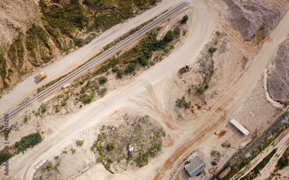 Aerial view of the mining quarry. Industrial landscape sand and desert.