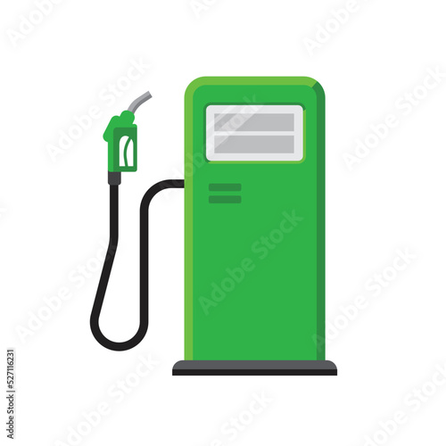 Vector illustration of green gas station with petrol pump. Isolated on white. Flat style
