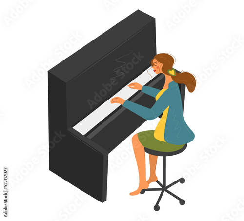 Girl playing the piano isometric top right view 3D icon. Pretty woman playing the piano vector isolated illustration