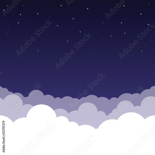 Dark blue gradient Sky and Clouds vector illustration with air effect. Night sky with stars. Horizontally seamless pattern. You can use it as a background and place your text.