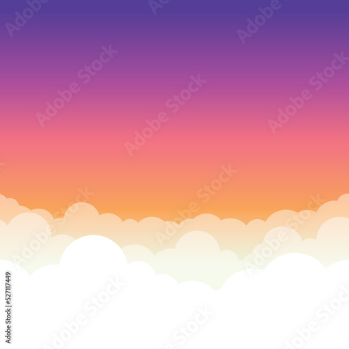 Sunset gradient Sky and Clouds vector illustration with air effect. Tropical summer mood. Bright colors. Horizontally seamless pattern. You can use it as a background and place your text.