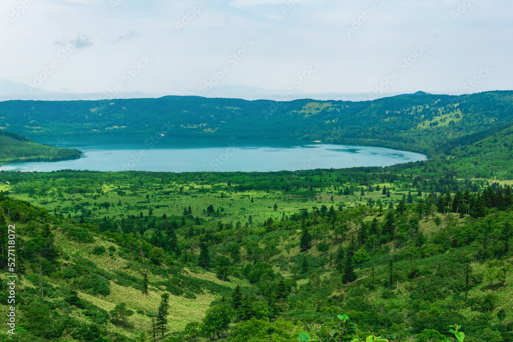view of the Golovnin volcano caldera with hot lake on Kunashir island